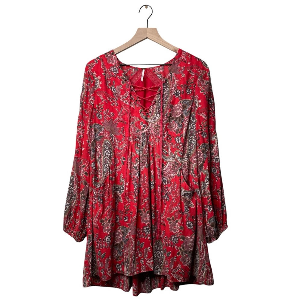Free People Rain or Shine Printed Dress Poppy Combo Paisley Tunic Boho Flowy - Picture 3 of 15